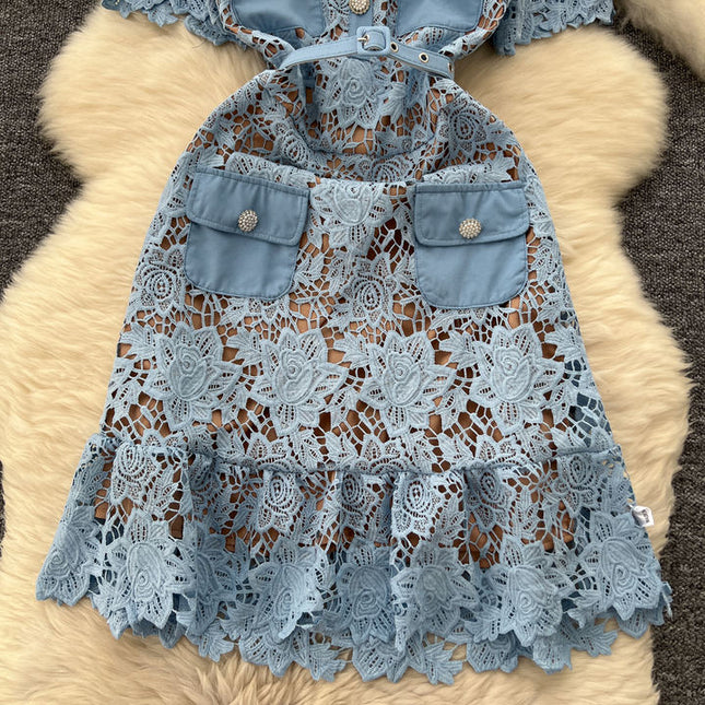 2025 Short Sleeved Dress with Hollow Embroidery Design for Women's Summer Mid Length Skirt