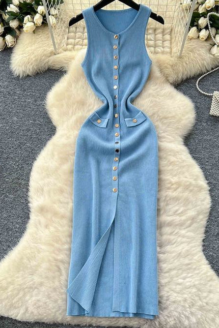 Sexy Long Knitted Dresses Summer Clothing Mulheres Apertado Casual Elegante Sem Mangas Botão Knit Maxi Dress