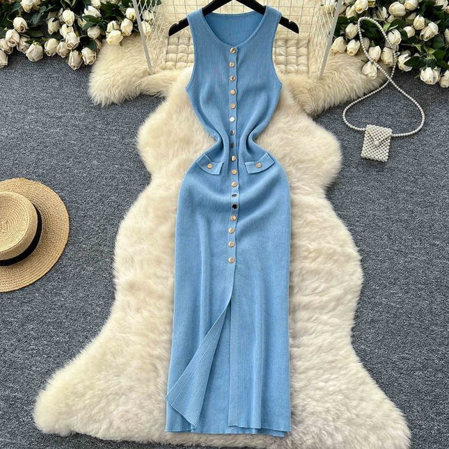 Sexy Long Knitted Dresses Summer Clothing Mulheres Apertado Casual Elegante Sem Mangas Botão Knit Maxi Dress