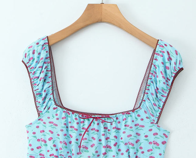 Blue Color Front Lace up Fruit Print Hot Sale Casual Fashion Mini Dress for Women