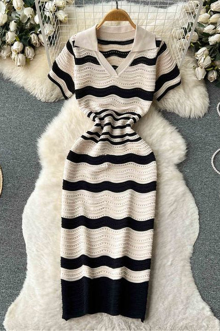 Short Sleeved Striped Knit Dress Women'S Summer New Hollow V-Neck Dresses