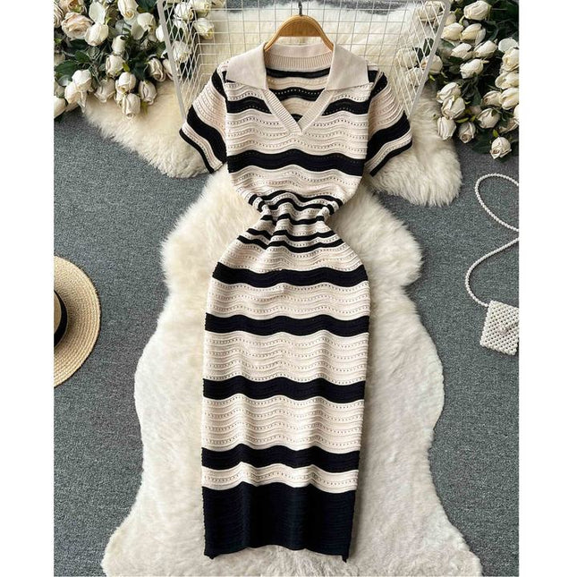 Short Sleeved Striped Knit Dress Women'S Summer New Hollow V-Neck Dresses