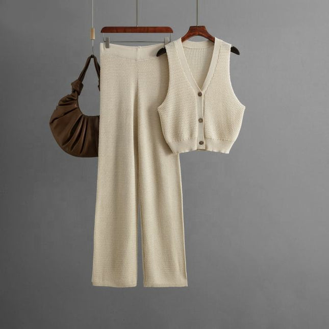Fashion Knit Suit Women 2025 Summer New V-neck Sleeveless Vest High Waist Straight Pants Two-piece Set