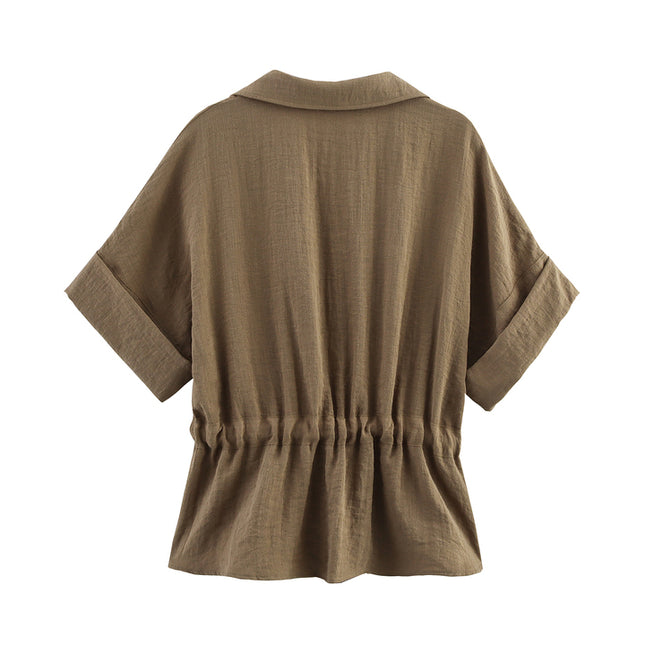 3 Colorway Bow Tie Short Sleeve Solid Color Turn Down Collar Casual Fashion Tops Blouse for Women