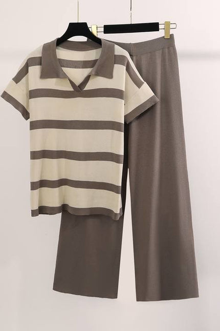 New Summer Colored Casual Fashion Knitted Top Loose Wide Leg Pants Knitted Set