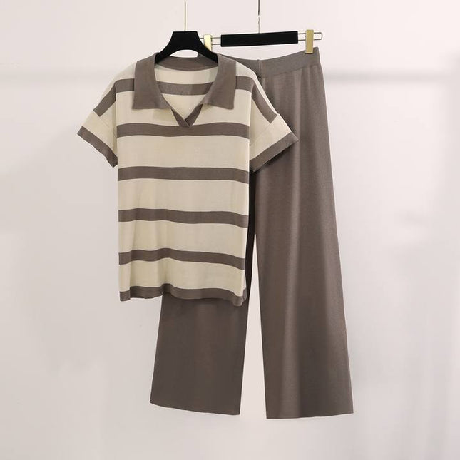 New Summer Colored Casual Fashion Knitted Top Loose Wide Leg Pants Knitted Set