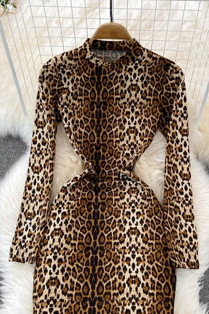 Sexy Leopard Print Standing Neck Women's Long Sleeve Tight Stretch Bodycon Long Dresses