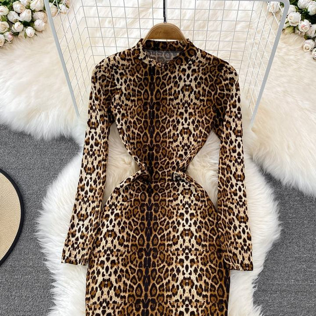 Sexy Leopard Print Standing Neck Women's Long Sleeve Tight Stretch Bodycon Long Dresses