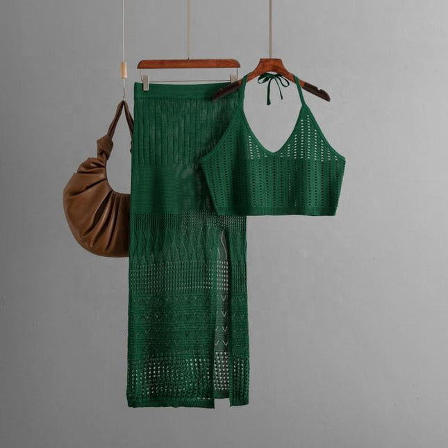Europe and the United States New Women's Summer Short Vest Top Two-piece Set Split Buttock Wrap Skirt