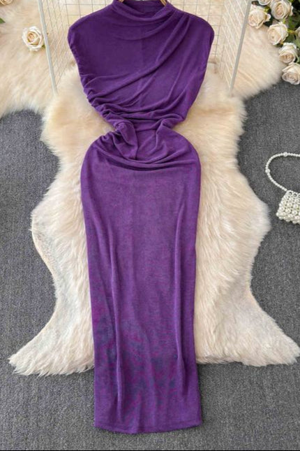 Dress goddess style temperament scheming pleated waist slimming half high collar skirt European and American long skirt