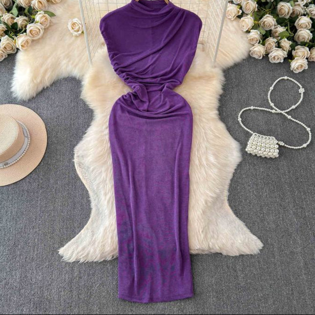 Dress goddess style temperament scheming pleated waist slimming half high collar skirt European and American long skirt
