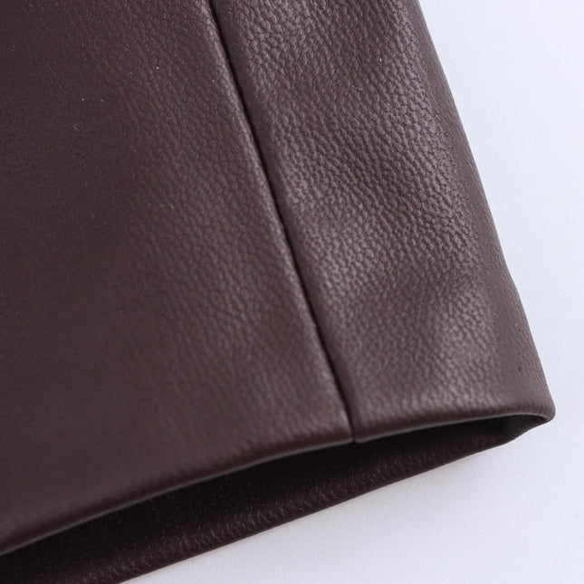 Crew Neck Front Pleated Brown Color Zipper Fly Sleeveless Casual Fashion PU Leather Maxi Dress for Women