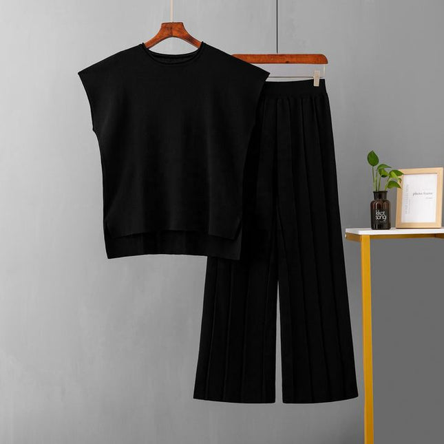 Casual Suit Women's Summer New Solid Color Sleeveless Vest Knit Wide Leg Trouser Suit