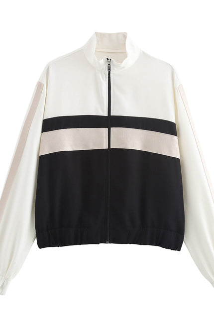 Stand Collar Long Sleeve Zipper Fly Patchwork Design Casual Fashion Sports Jacket for Women