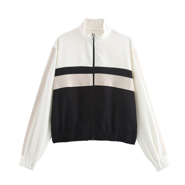 Stand Collar Long Sleeve Zipper Fly Patchwork Design Casual Fashion Sports Jacket for Women