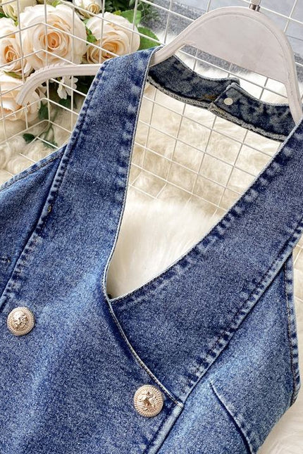 Vintage Wide Leg Women'S Suspenders Sleeveless Denim Jumpsuit