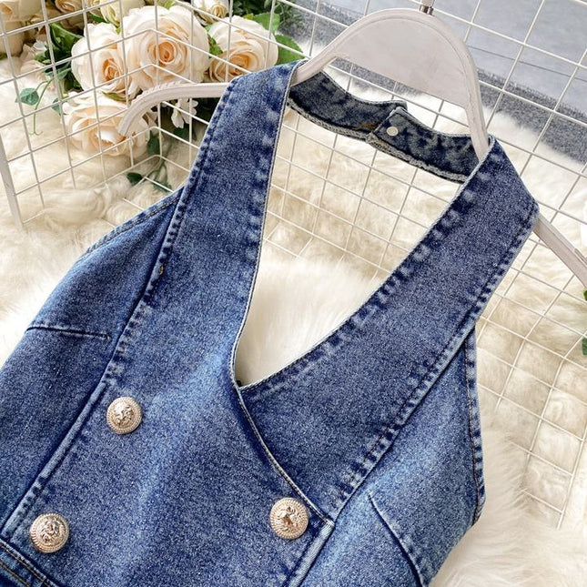 Vintage Wide Leg Women'S Suspenders Sleeveless Denim Jumpsuit