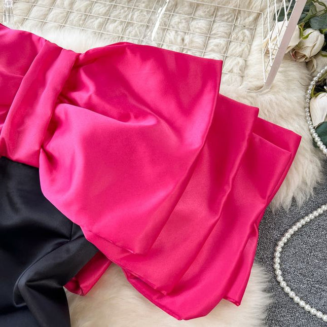 Women Rose Red Bow Splicing Tank Sleeveless Sleeveless Pencil Dress 2024 Summer Sexy Party Prom Club Bodycon