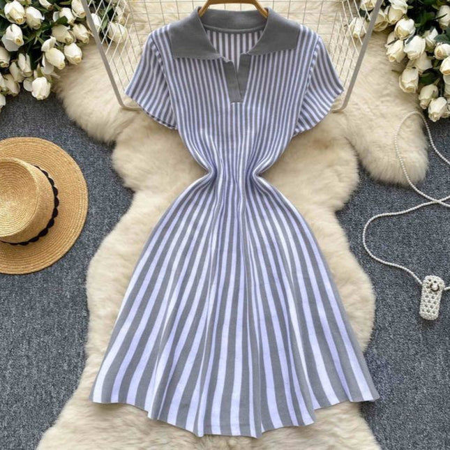 Cor Vintage francês Clash lapela manga curta listrada das mulheres A linha de malha Mini vestidos