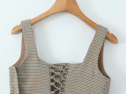 Shoulder Strap Plaid Print Brown Color Back Lace up Casual Fashion Women's tank Top