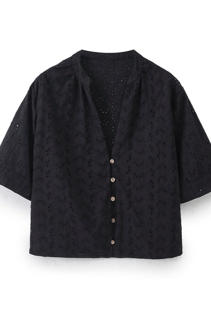 V Neck Buttons up Black Color Embroidery Short Sleeve Eyelet Casual Fashion Tops Blouse for Women