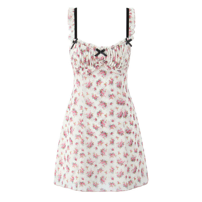 Floral Print pink White Color Front Bow Tie Casual Fashion Mini slip Dress for Ladies