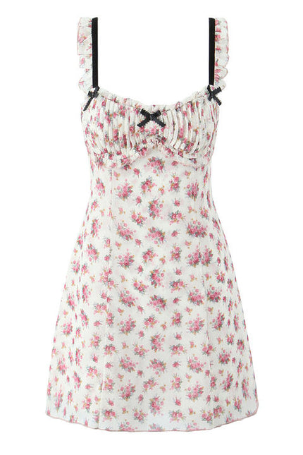 Floral Print pink White Color Front Bow Tie Casual Fashion Mini slip Dress for Ladies
