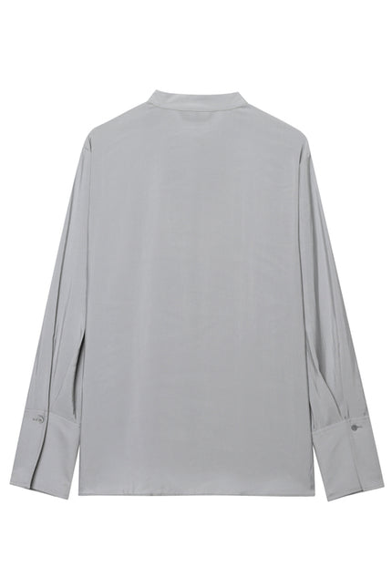 Crew Neck Buttons up Long Sleeve Gray Color Casual Fashion Tops Blouse for Women