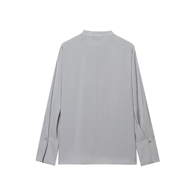 Crew Neck Buttons up Long Sleeve Gray Color Casual Fashion Tops Blouse for Women