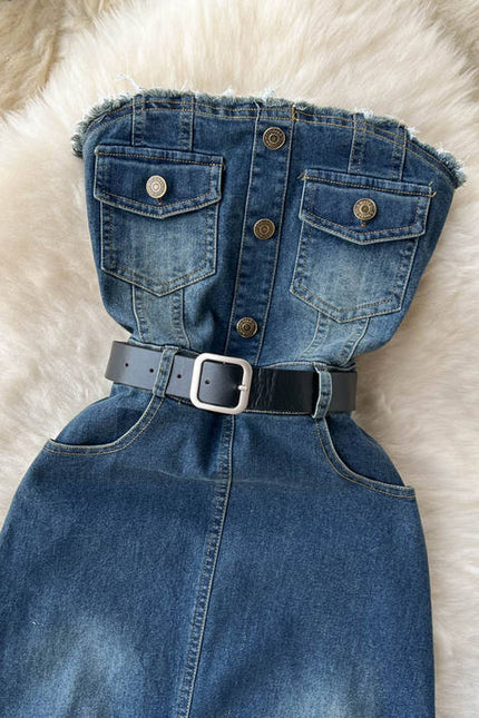 Style Temperament Slimming One Line Shoulder Chest Vintage Denim Large Swing A-Line Long Dress