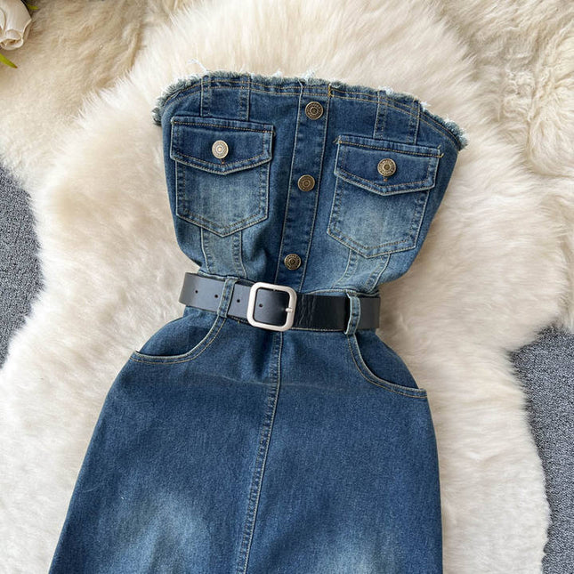Style Temperament Slimming One Line Shoulder Chest Vintage Denim Large Swing A-Line Long Dress