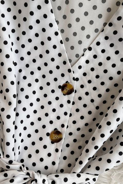 Short Sleeved V-Neck Lace-Up Single-Breasted A-Line Ruffled Polka Dot Dress Female