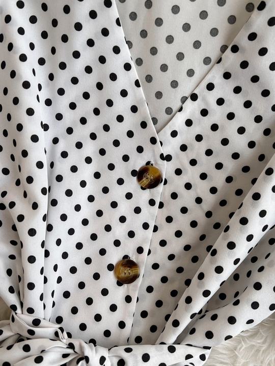 Short Sleeved V-Neck Lace-Up Single-Breasted A-Line Ruffled Polka Dot Dress Female