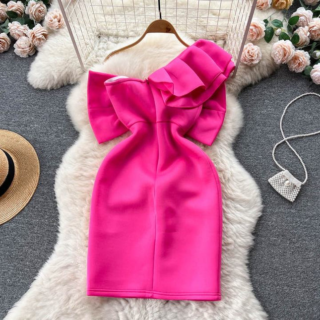 Summer New Sexy Irregular Bow Single Shoulder Diagonal Collar Bustier Tight Sleeveless Mini Dress