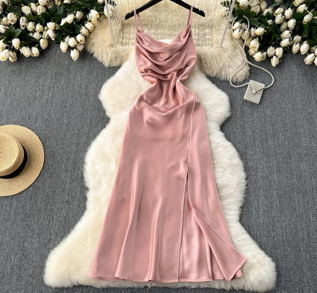 Summer Women Halter Sleeveless Split Sexy Elegant Satin Long Gowns Dresses