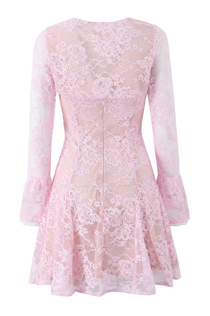 Crew Neck Long Sleeve Front Lace up Crop Top pink Color Floral Lace Mini Dress Casual Fashion Women 2 Piece Set