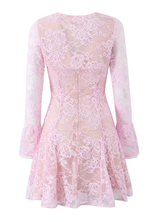 Crew Neck Long Sleeve Front Lace up Crop Top pink Color Floral Lace Mini Dress Casual Fashion Women 2 Piece Set