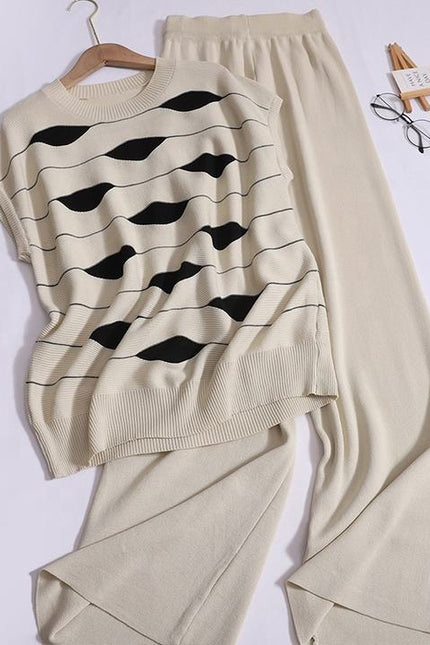 Fashion Set Women's Sleeveless Standing Neck Slim Fit Striped Knitwear Top Two Piece Casual High Waist Wide Leg Pants