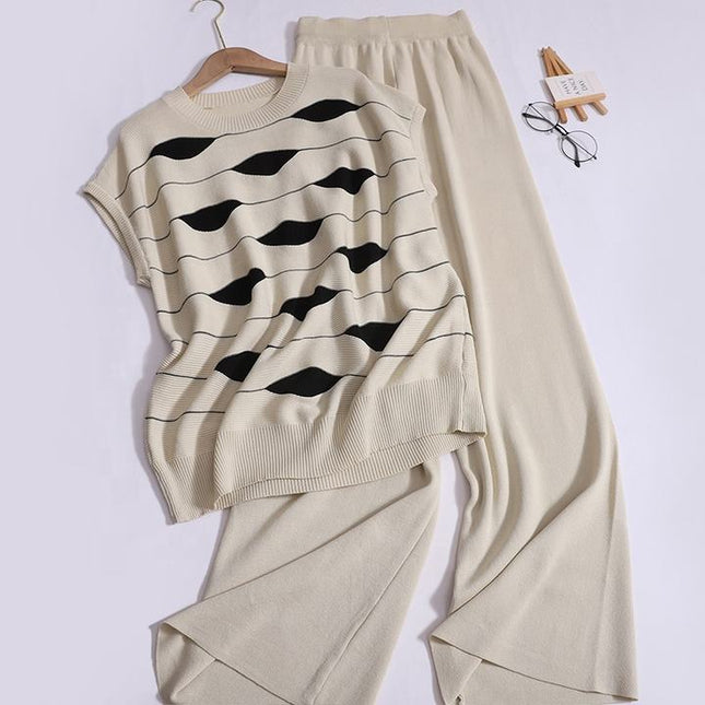 Fashion Set Women's Sleeveless Standing Neck Slim Fit Striped Knitwear Top Two Piece Casual High Waist Wide Leg Pants