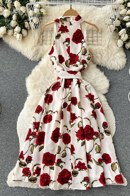 Sleeveless V-neck Print A-line Dress Summer Vintage High Waist Midi Dress Ladies Casual Dress Clothes Women Wholesale