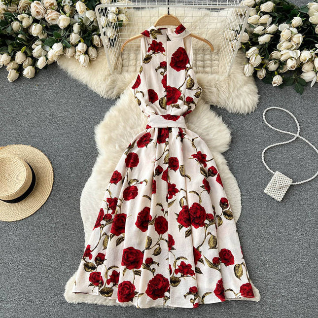 Sleeveless V-neck Print A-line Dress Summer Vintage High Waist Midi Dress Ladies Casual Dress Clothes Women Wholesale