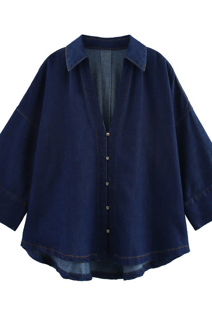 Turn Down Collar Buttons up Long Sleeve Denim Blue Color Casual Fashion Jeans Tops Blouse for Women