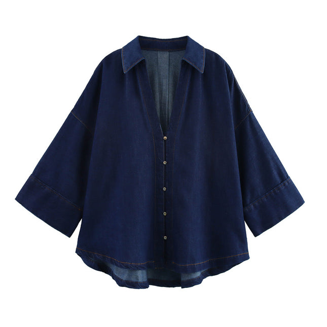 Turn Down Collar Buttons up Long Sleeve Denim Blue Color Casual Fashion Jeans Tops Blouse for Women