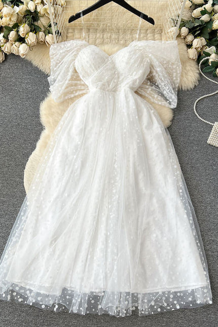 Women's Summer French Light Luxury Small Collection Waist Gauze Shampan Dress White Light Wedding Dress