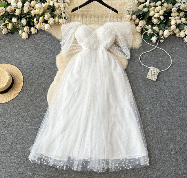 Women's Summer French Light Luxury Small Collection Waist Gauze Shampan Dress White Light Wedding Dress
