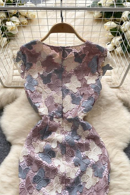 Temperament High-grade butterfly Hollowed-out Hook Flower Lace Dress Female Waist Elegant Package Hip Skirt