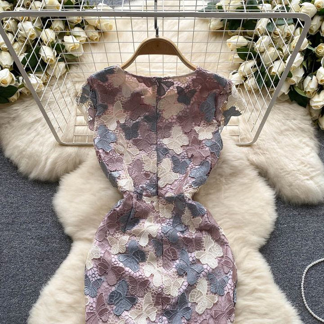 Temperament High-grade butterfly Hollowed-out Hook Flower Lace Dress Female Waist Elegant Package Hip Skirt