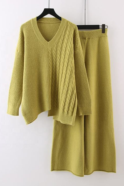 Fall and Winter New Irregular Sweater Set Loose Fashion Knitted Wide Leg Pants Two Piece Set