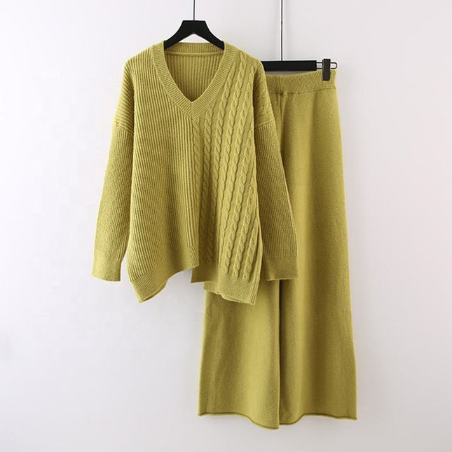 Fall and Winter New Irregular Sweater Set Loose Fashion Knitted Wide Leg Pants Two Piece Set