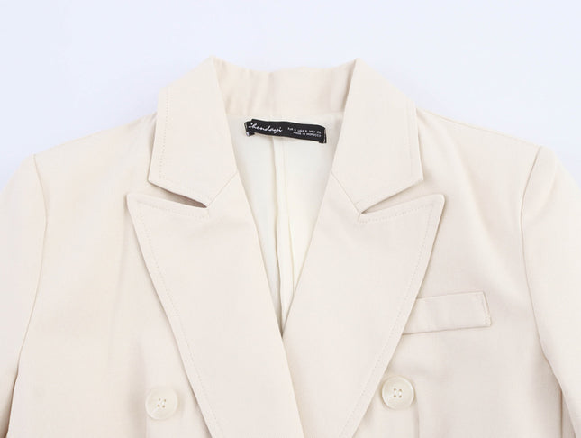 Double Breasted Beige Color Long Sleeve Notched Collar Casual Fashion blazer Jacket for Women